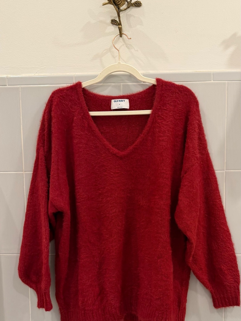 Old Navy Women's Deep Red Fuzzy V-Neck Sweater